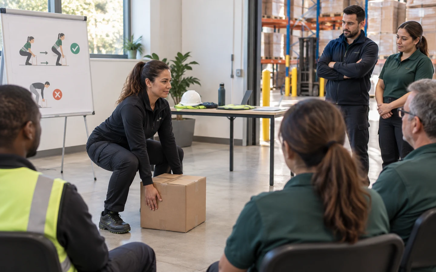 Instructora demostrando una técnica segura para levantar una caja
