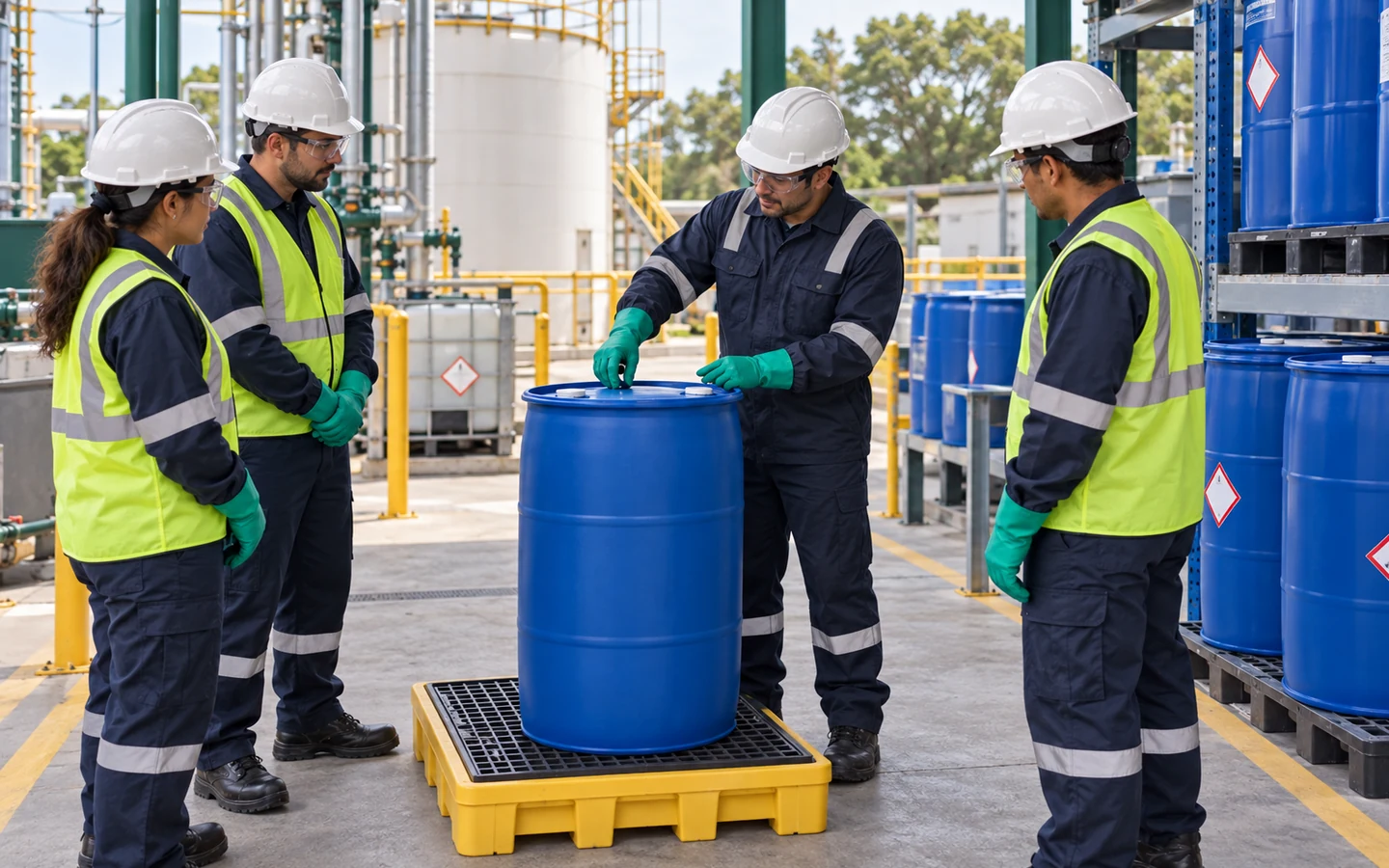 Equipo industrial revisando el manejo seguro de un tambor químico