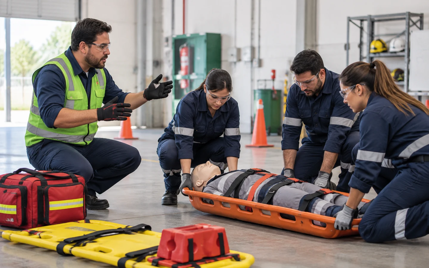 Brigada practicando el traslado coordinado de una víctima simulada