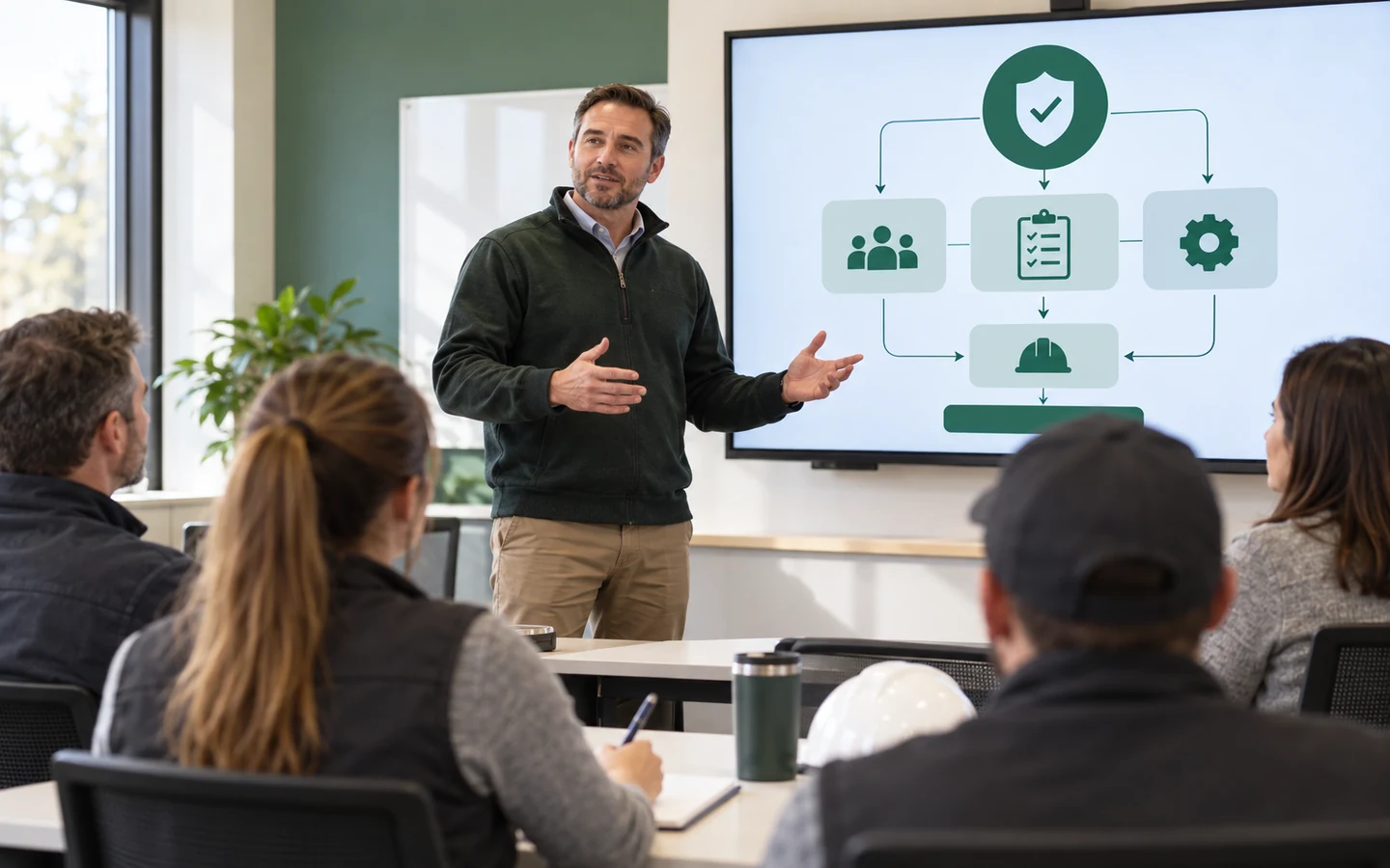 Instructor explicando un modelo de gestión preventiva a supervisores