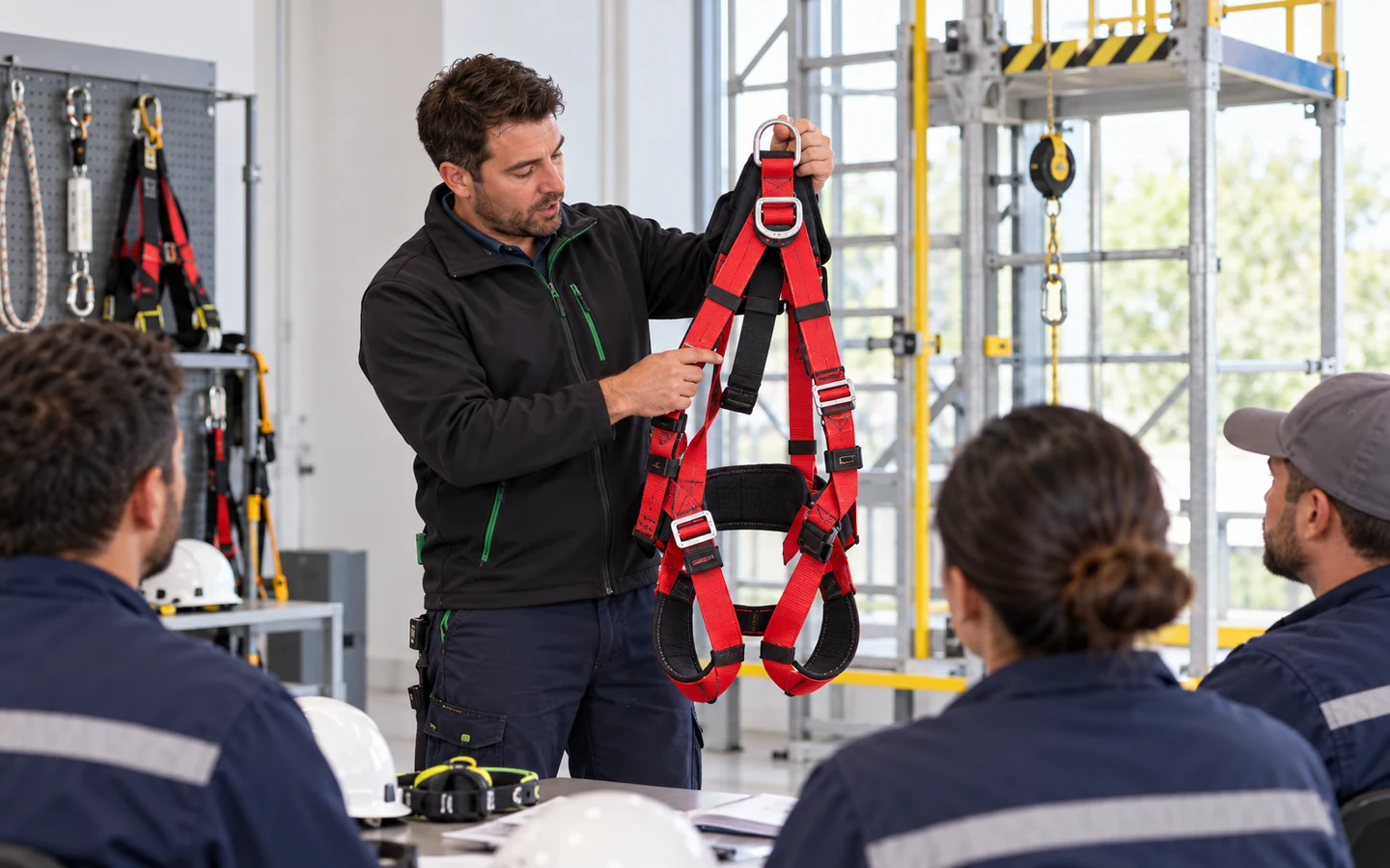 Instructor demostrando la inspección de un arnés para trabajos en altura